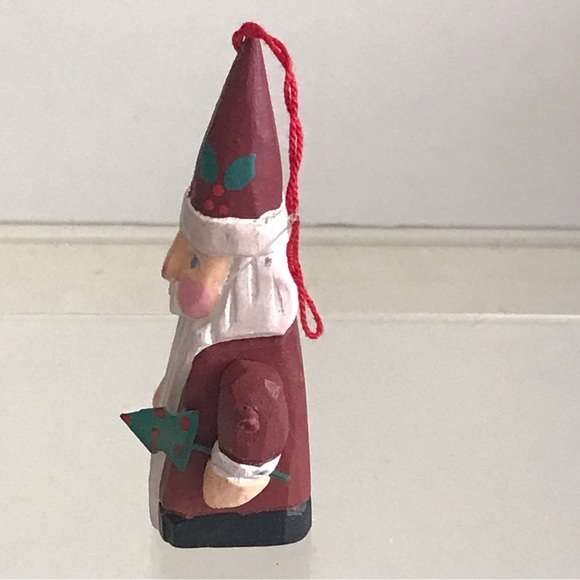 Hand Painted Wooden Santa Claus Carrying a Metal Christmas Tree VTG Ornament - Picture 2 of 15